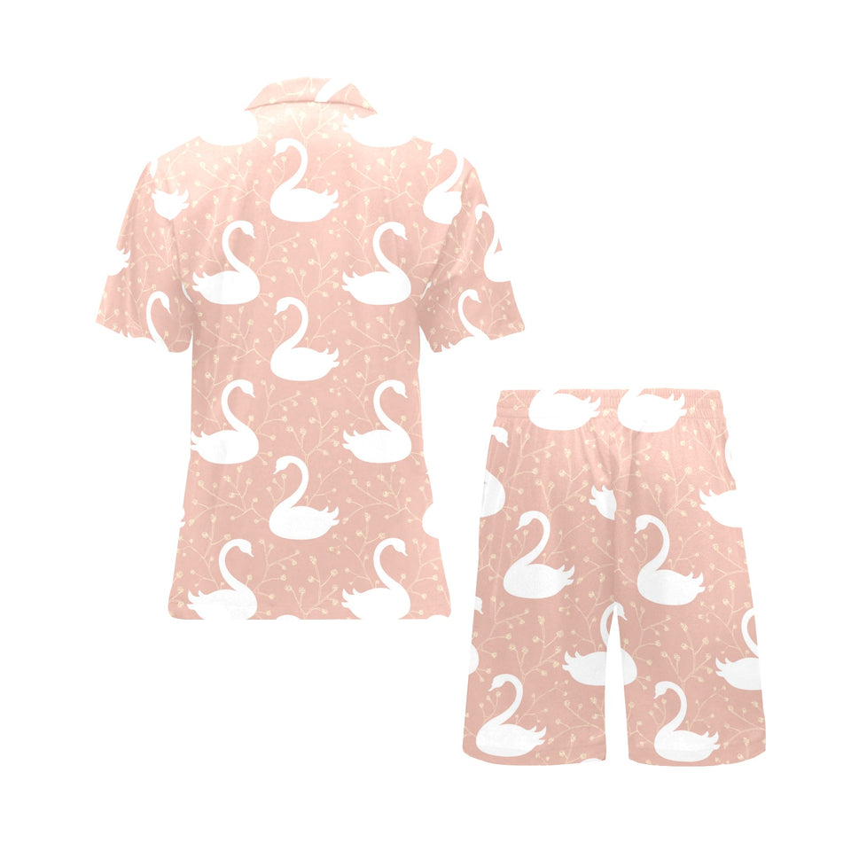 Swan flower light pink background Men's V-Neck Short Pajama Set