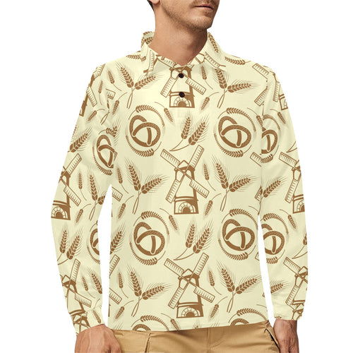 Windmill Wheat pattern Men's Long Sleeve Polo Shirt