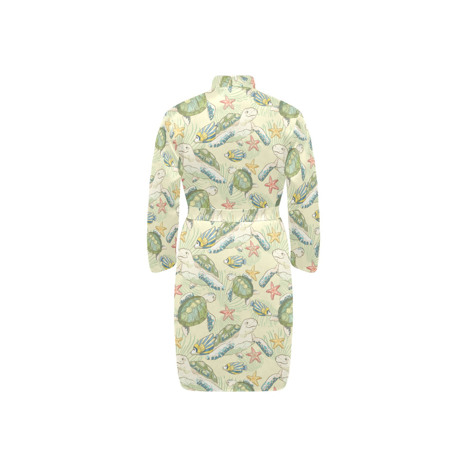 Hand drawn sea turtle fish pattern Men's Long Sleeve Belted Night Robe