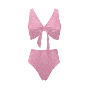 Sweet candy pink background Chest Bowknot High Waisted Bikini Swimsuit