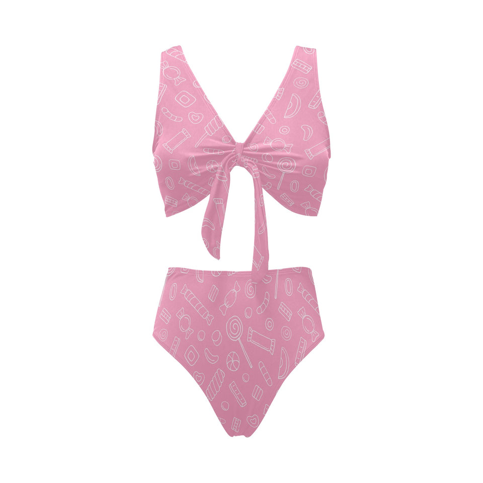Sweet candy pink background Chest Bowknot High Waisted Bikini Swimsuit