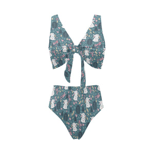 Cute rabbit pattern Chest Bowknot High Waisted Bikini Swimsuit