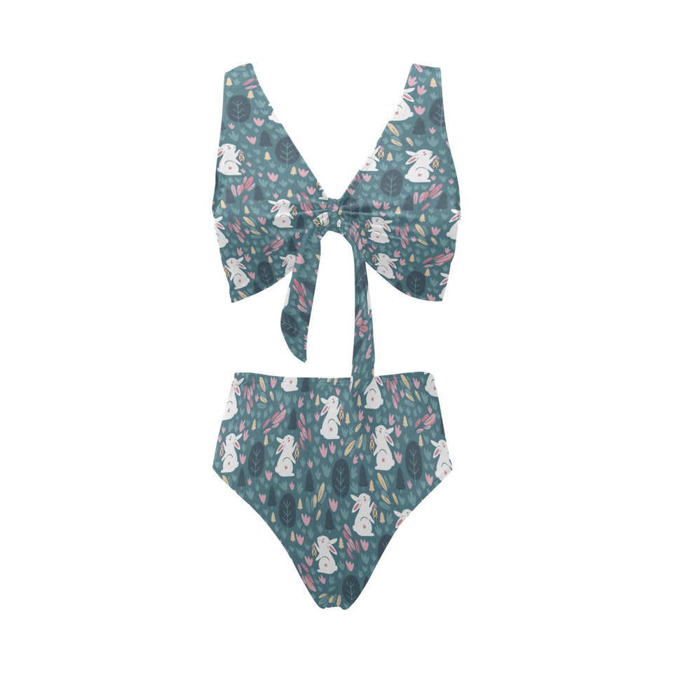 Cute rabbit pattern Chest Bowknot High Waisted Bikini Swimsuit