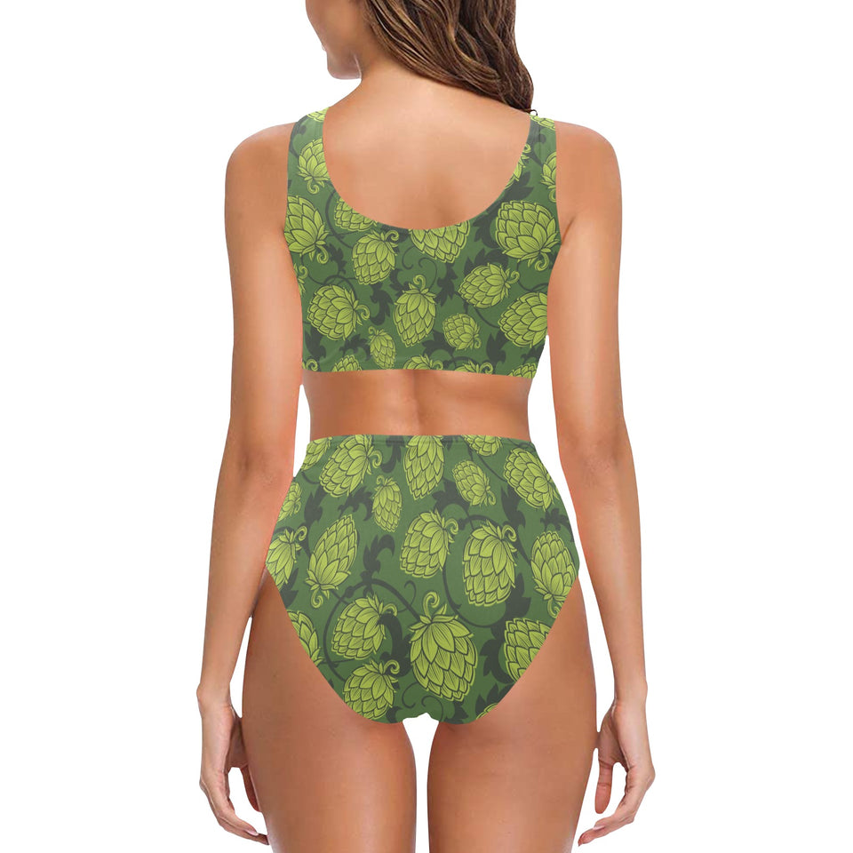 Hop pattern Hop cone background Chest Bowknot High Waisted Bikini Swimsuit