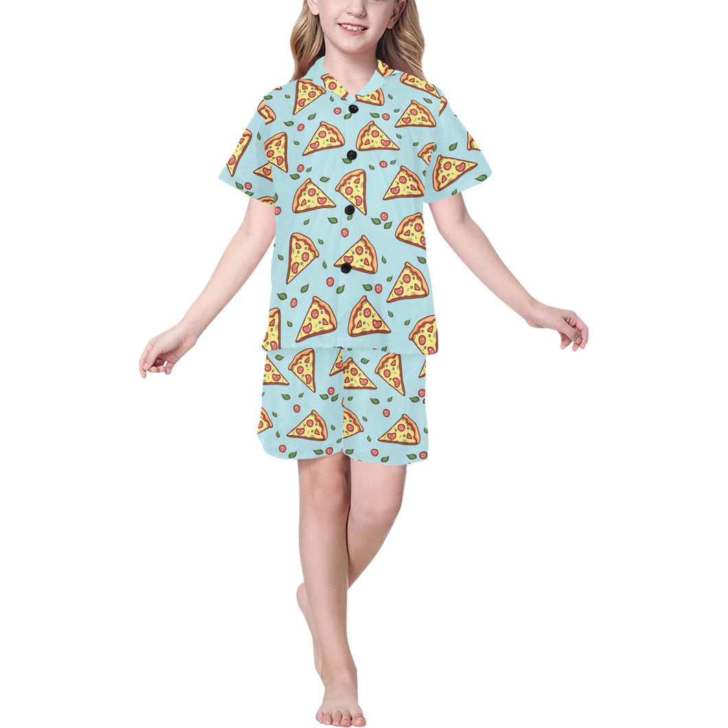 Hand drawn pizza blue background Kids' Boys' Girls' V-Neck Short Pajama Set