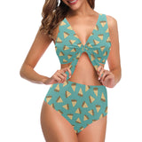 Sandwich Pattern Print Design 03 Chest Bowknot High Waisted Bikini Swimsuit