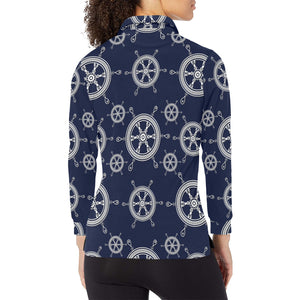 nautical steering wheel design pattern Women's Long Sleeve Polo Shirt
