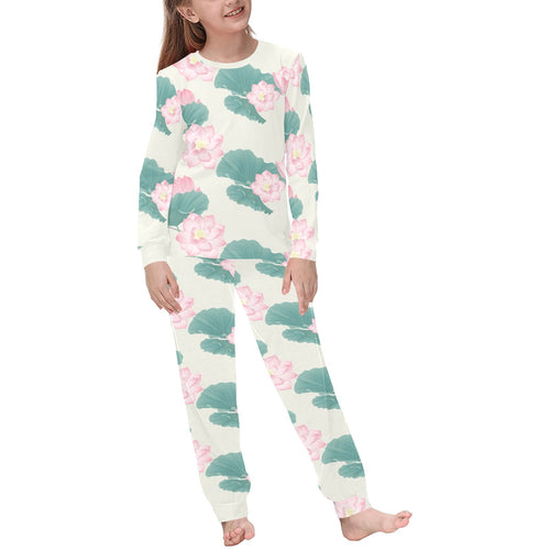 Pink lotus waterlily leaves pattern Kids' Boys' Girls' All Over Print Pajama Set