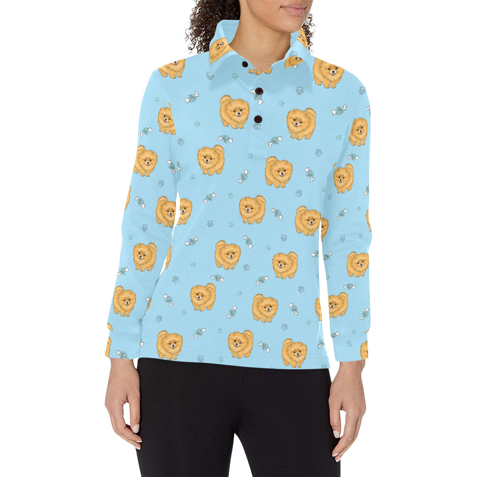 Brown cute pomeranian blue blackground Women's Long Sleeve Polo Shirt