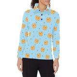 Brown cute pomeranian blue blackground Women's Long Sleeve Polo Shirt