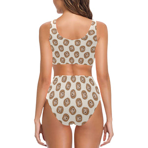 Lion Pattern Print Design 01 Chest Bowknot High Waisted Bikini Swimsuit