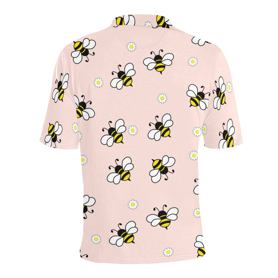 Cute bee flower pattern pink background Men's All Over Print Polo Shirt
