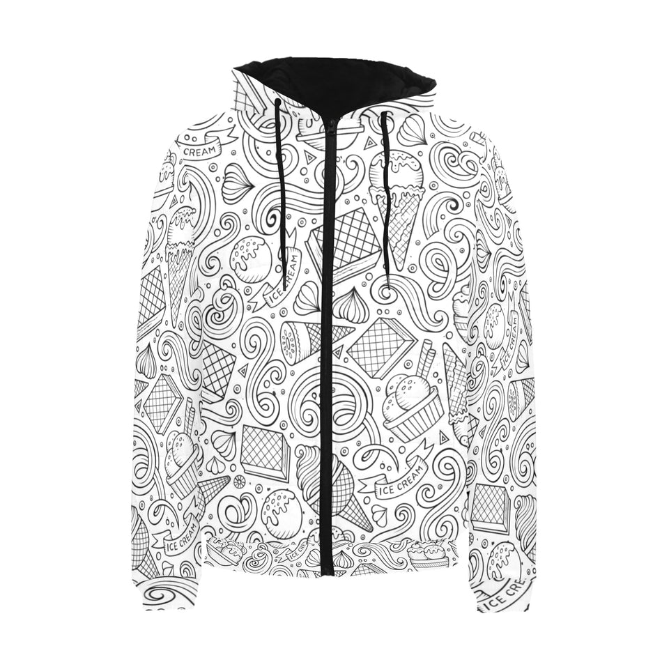 Cartoon hand drawn ice cream black white Men's Padded Hooded Jacket