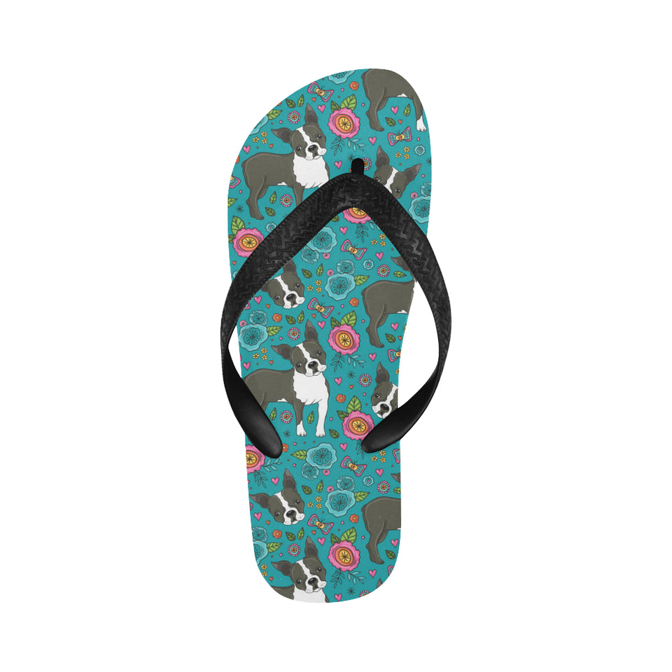 Boston terrier beautiful flower pattern Unisex Flip Flops