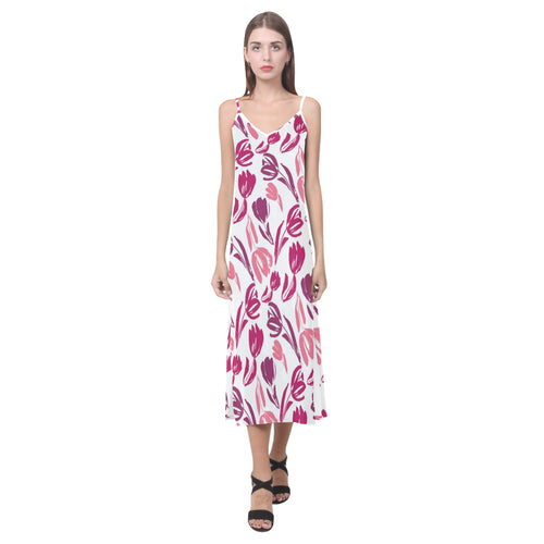 pink sketch tulip pattern V-Neck Open Fork Long Dress