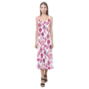 pink sketch tulip pattern V-Neck Open Fork Long Dress