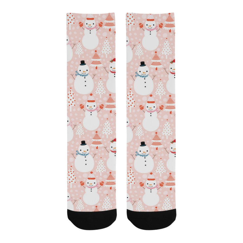 Cute snowman christmas tree snowpink background Crew Socks
