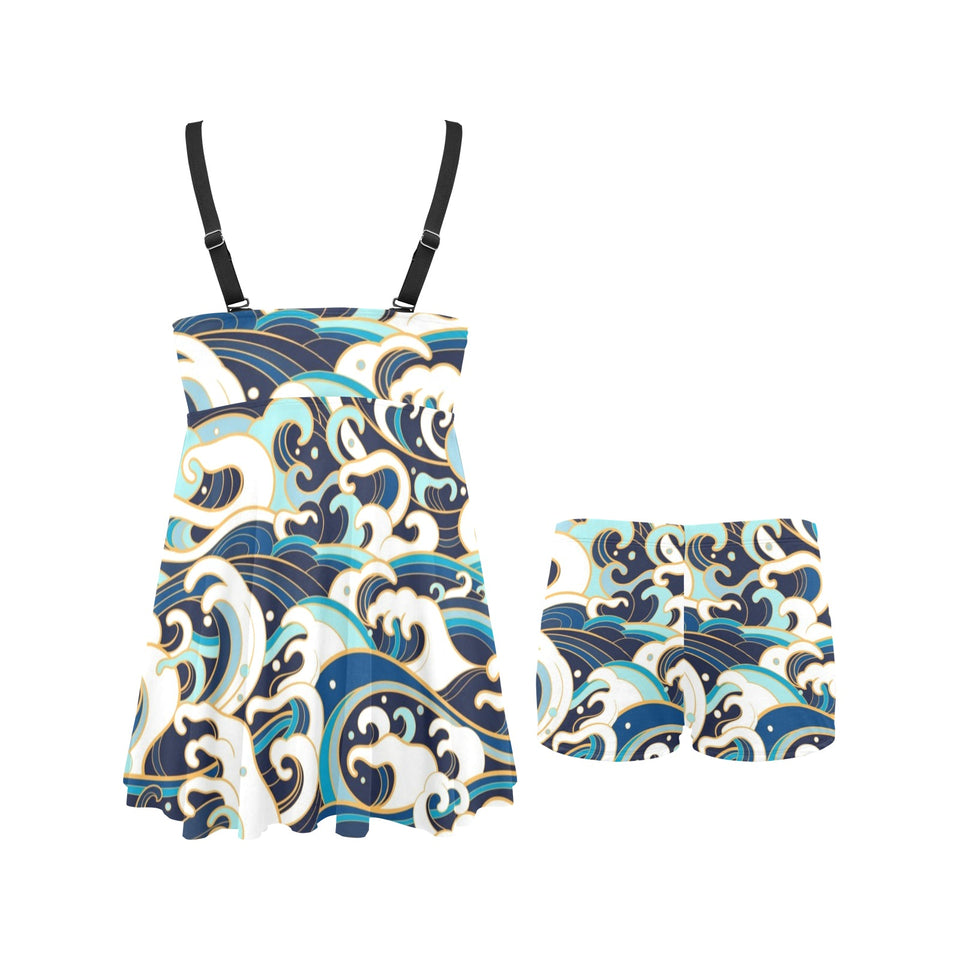 Japanese wave pattern Chest Sexy Pleated Two Piece Swim Dress