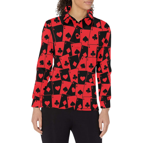 Casino Cards Suits Pattern Print Design 02 Women's Long Sleeve Polo Shirt