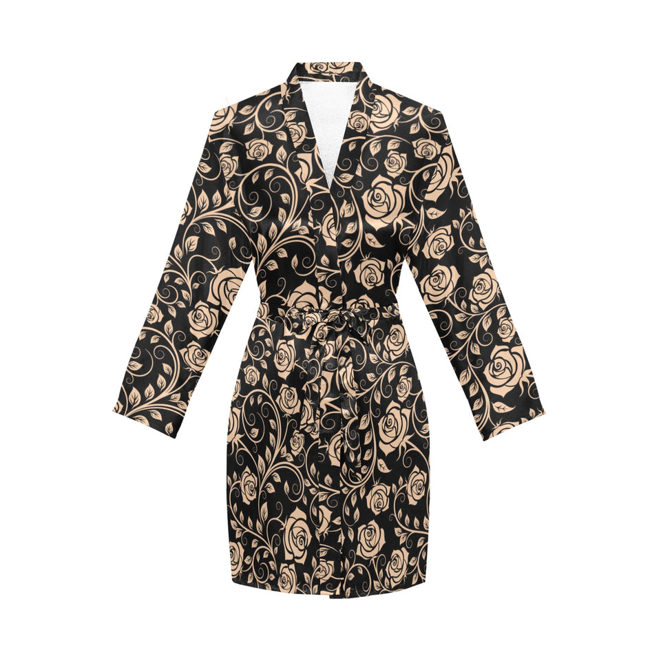 Rose Pattern Print Design 04 Women's Long Sleeve Belted Night Robe