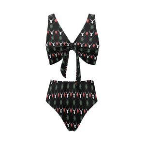 Deer Christmas new year pattern argyle Chest Bowknot High Waisted Bikini Swimsuit