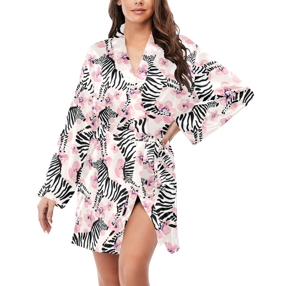 Zebra pink flower background Women's Long Sleeve Belted Night Robe