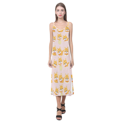 Cute shiba inu dog pattern V-Neck Open Fork Long Dress