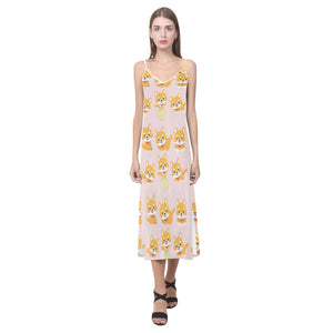 Cute shiba inu dog pattern V-Neck Open Fork Long Dress
