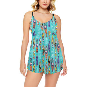 Surfboard Pattern Print Design 05 Chest Sexy Pleated Two Piece Swim Dress
