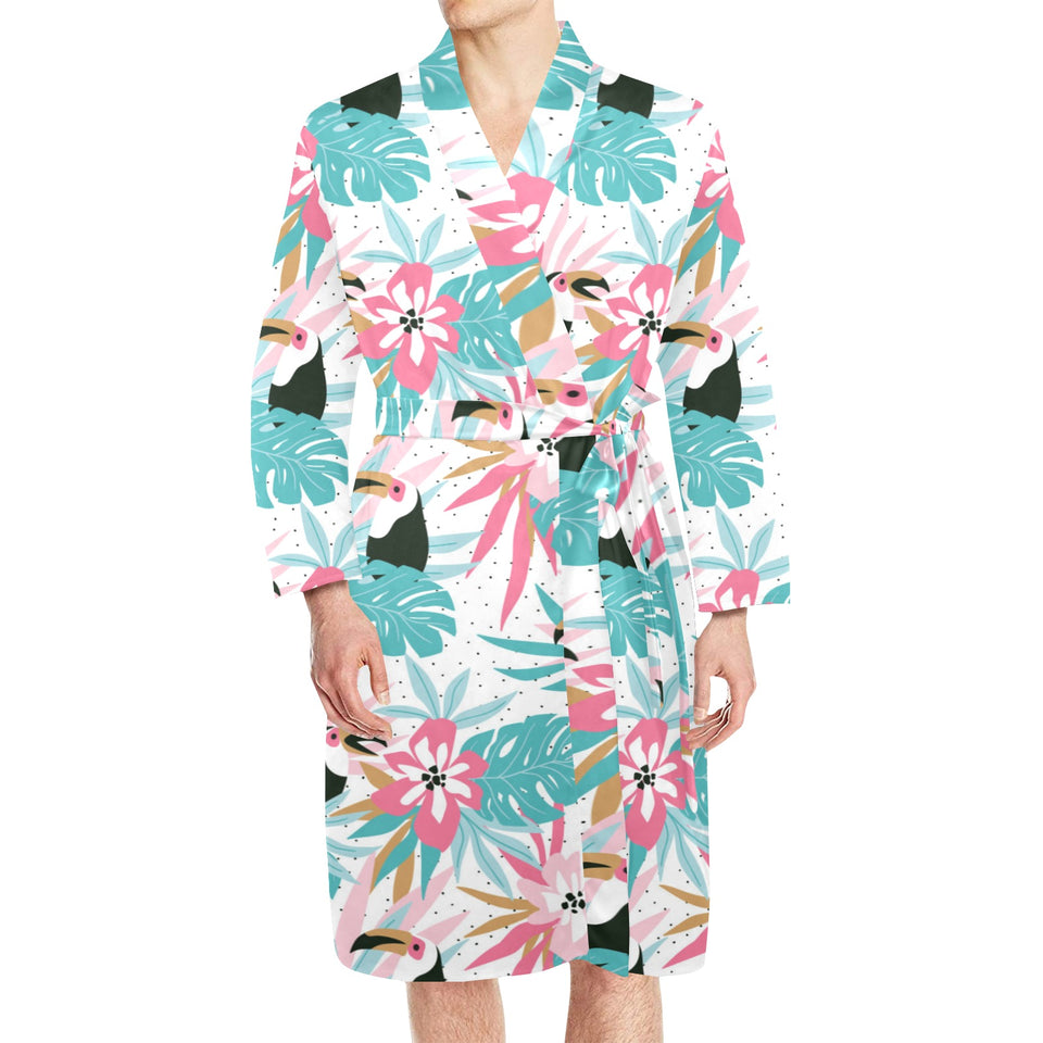 Toucan tropical flower leave pattern Men's Long Sleeve Belted Night Robe