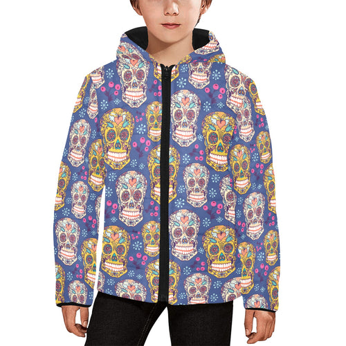 Sugar skull flower pattern Kids' Boys' Girls' Padded Hooded Jacket