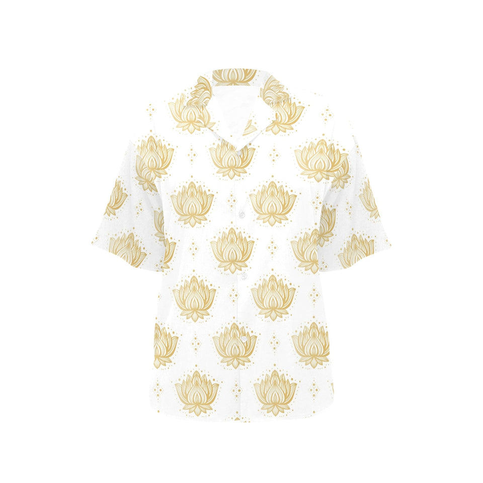 Gold Ornamental lotue waterlily symbol pattern Women's All Over Print Hawaiian Shirt