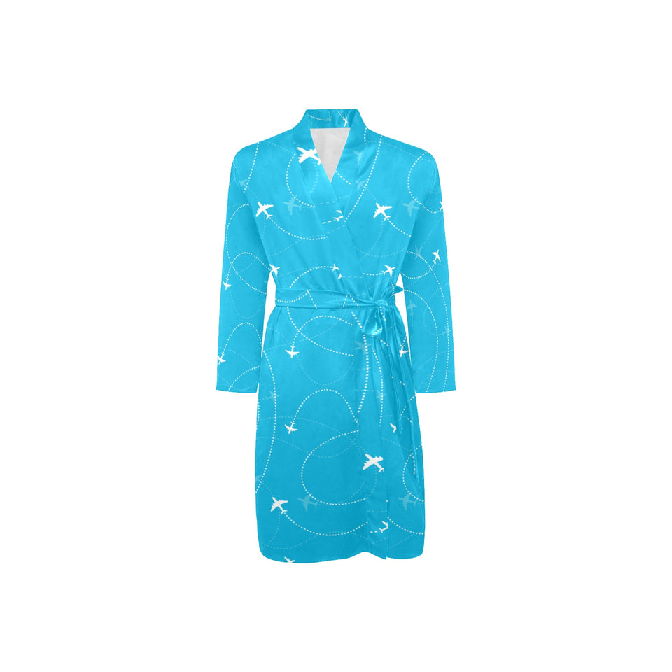 Airplane destinations blue background Men's Long Sleeve Belted Night Robe