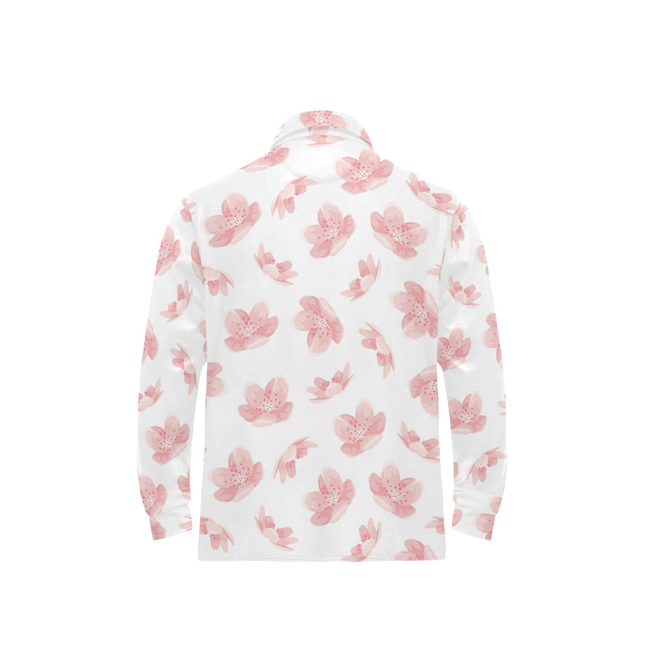Pink sakura cherry blossom pattern Men's Long Sleeve Polo Shirt