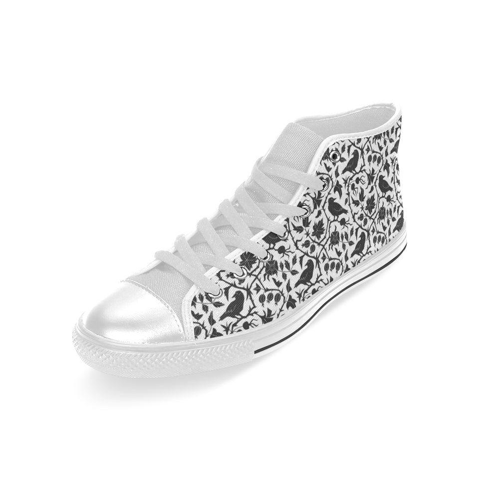 Crow dark floral pattern Men's High Top Canvas Shoes White
