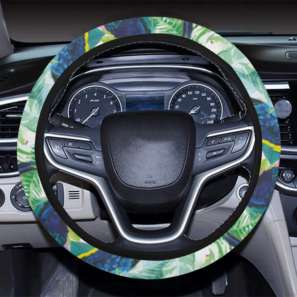Colorful parrot exotic flower leaves Car Steering Wheel Cover
