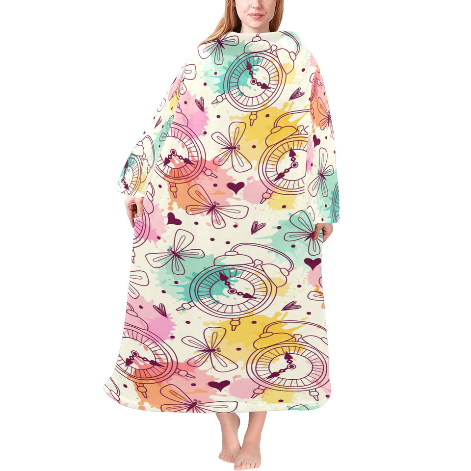 Clock butterfly pattern Blanket Robe with Sleeves