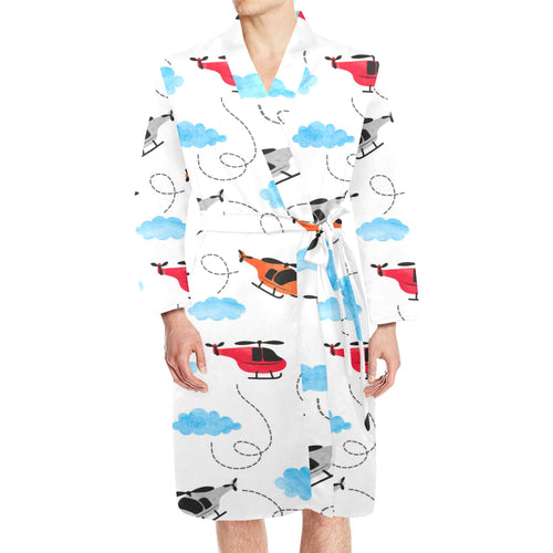 Watercolor helicopter cloud pattern Men's Long Sleeve Belted Night Robe
