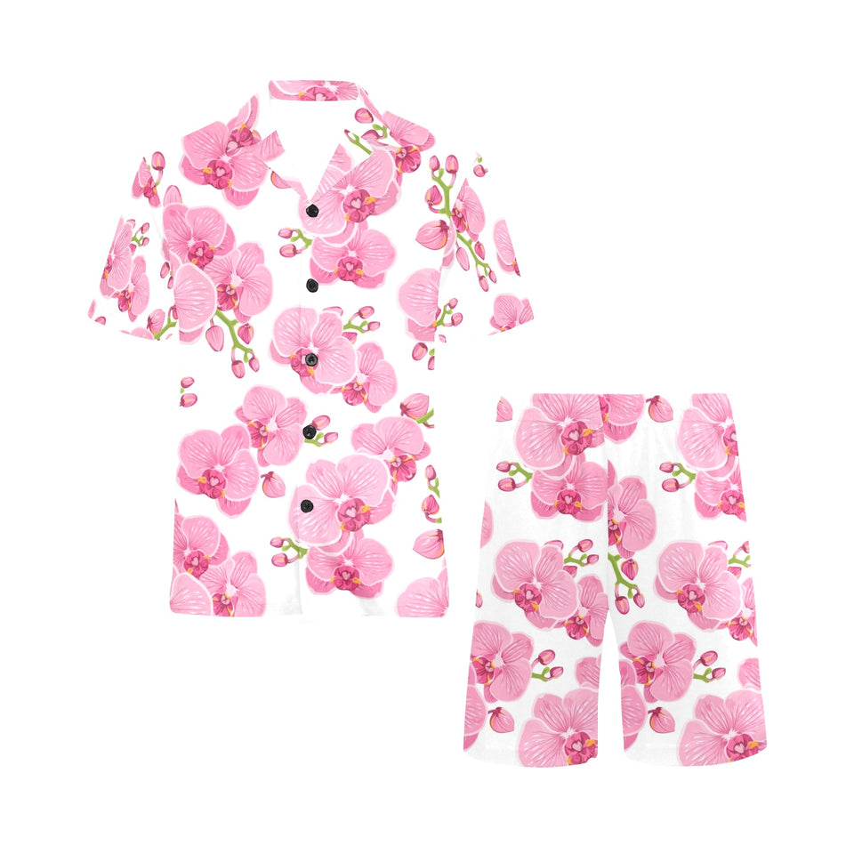 pink purple orchid pattern background Men's V-Neck Short Pajama Set