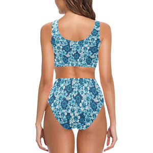 Hibiscus Pattern Print Design 03 Chest Bowknot High Waisted Bikini Swimsuit