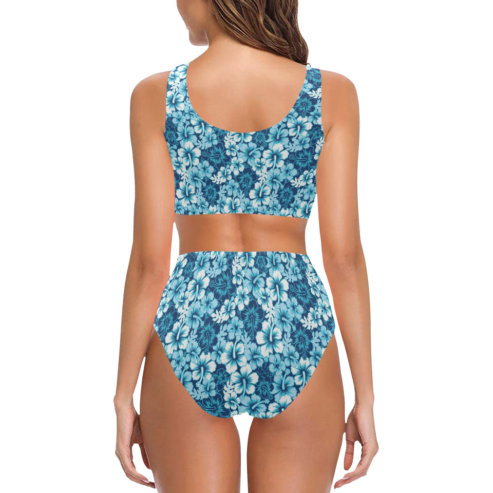 Hibiscus Pattern Print Design 03 Chest Bowknot High Waisted Bikini Swimsuit