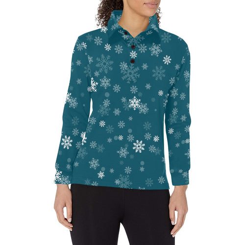 Snowflake pattern dark background Women's Long Sleeve Polo Shirt
