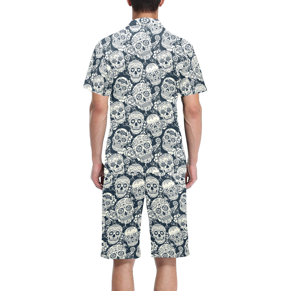 Sugar skull black white pattern Men's V-Neck Short Pajama Set