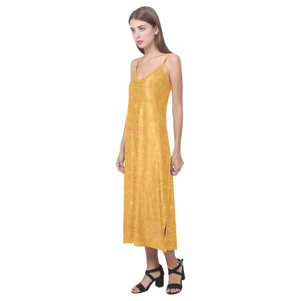 Orange traditional indian element pattern V-Neck Open Fork Long Dress