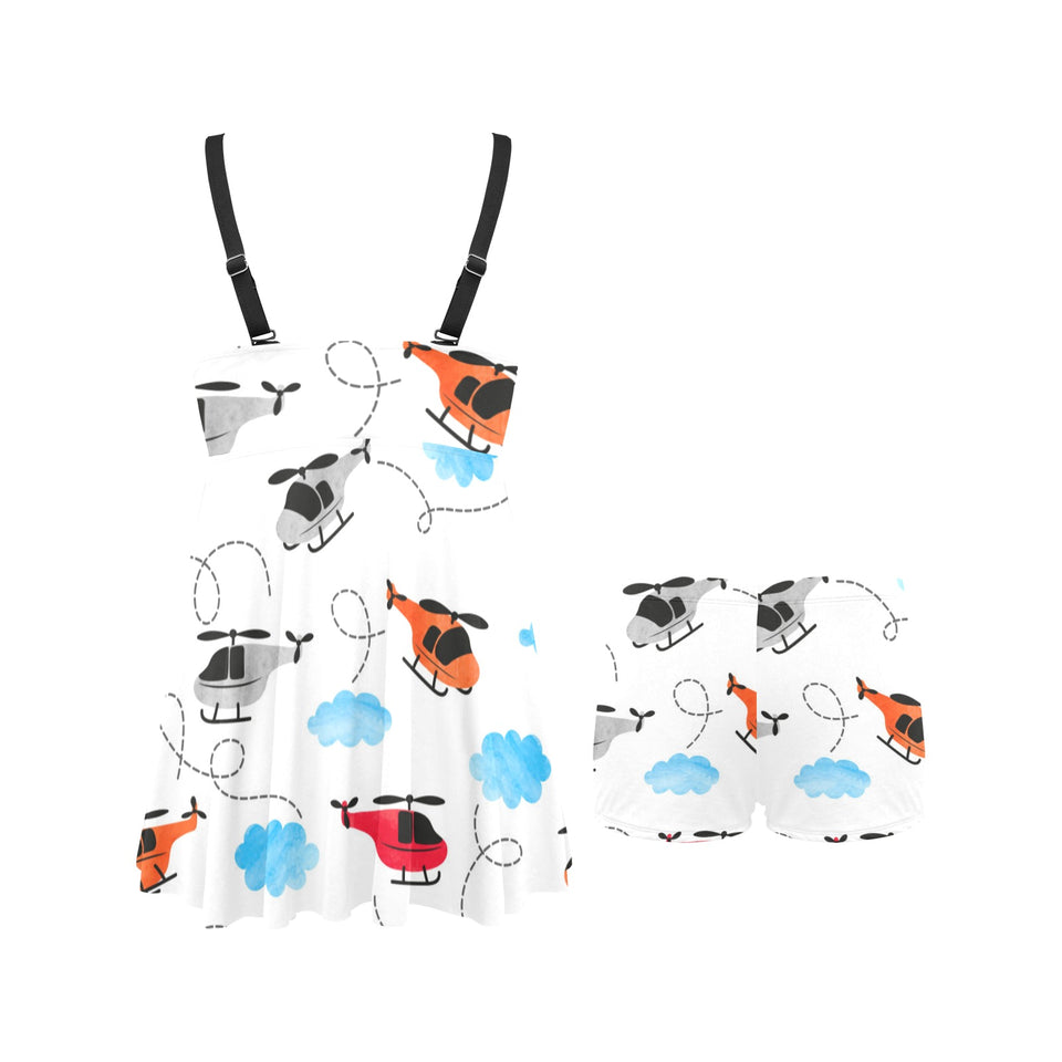 Watercolor helicopter cloud pattern Chest Sexy Pleated Two Piece Swim Dress