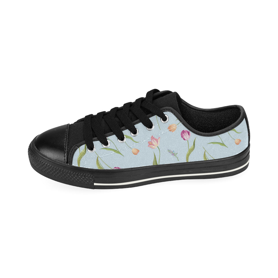 Watercolor Tulips pattern Men's Low Top Canvas Shoes Black