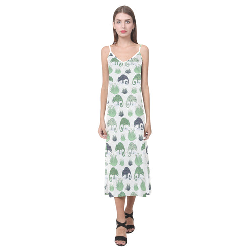 Chameleon lizard succulent plant pattern V-Neck Open Fork Long Dress