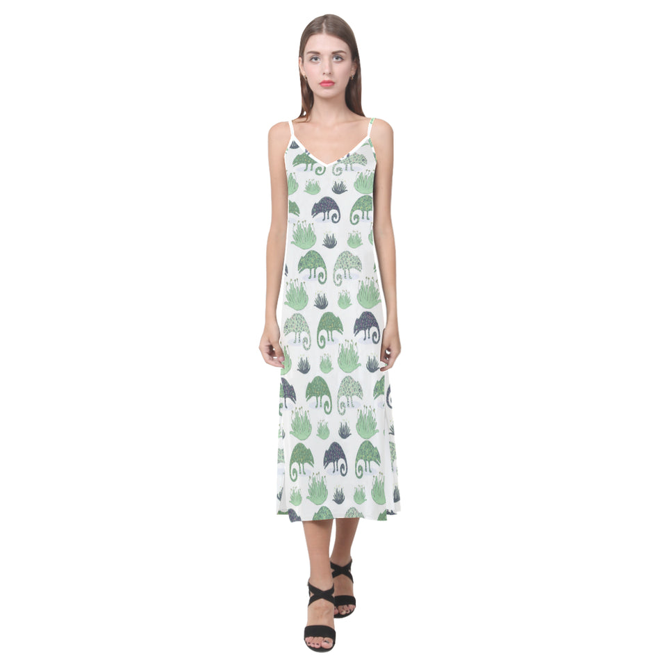 Chameleon lizard succulent plant pattern V-Neck Open Fork Long Dress