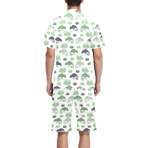 Chameleon lizard succulent plant pattern Men's V-Neck Short Pajama Set