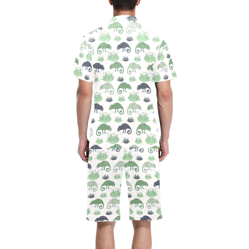 Chameleon lizard succulent plant pattern Men's V-Neck Short Pajama Set